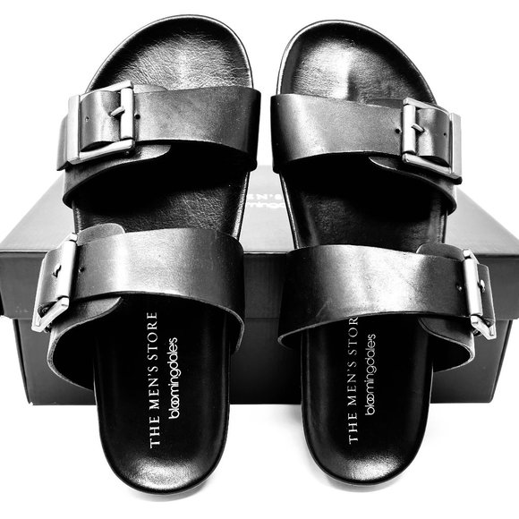 Bloomingdale's Men's Store Devin Black Leather Men's Slides Sandals - Picture 1 of 3